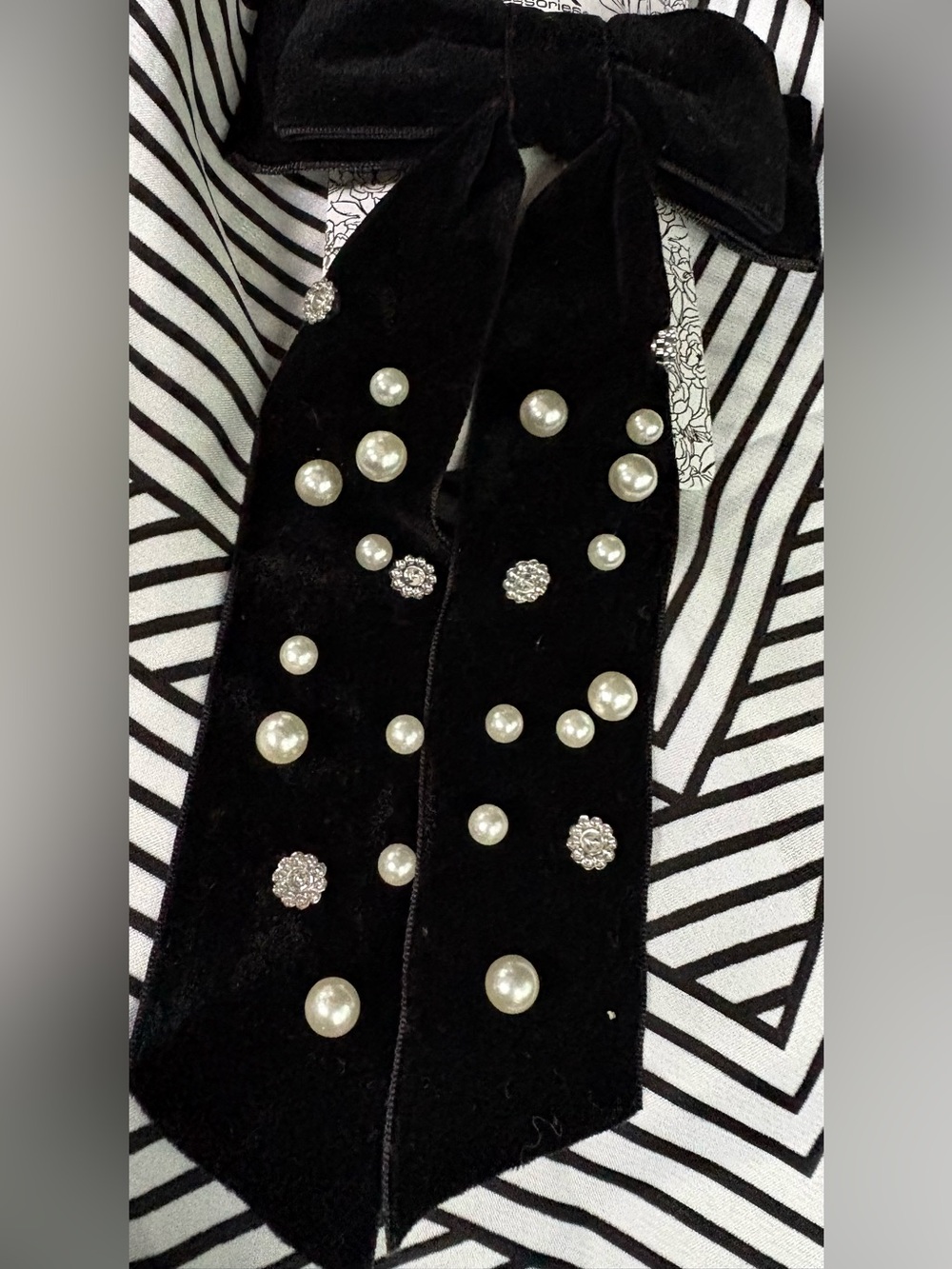 Black Velvet Bow with Pearl & Rhinestone Embellishments